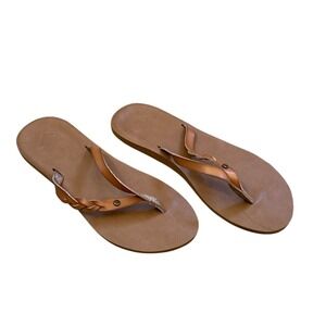Roxy Women Brown Leather Liza IV Sandals Flip Size 9 Braided‎ Flat Summer Beach
